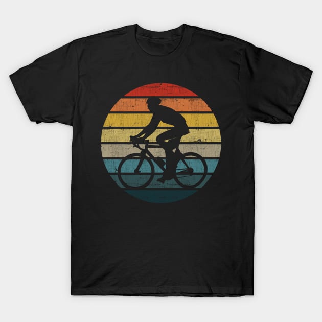 Bicyclist Silhouette On A Distressed Retro Sunset print T-Shirt by theodoros20